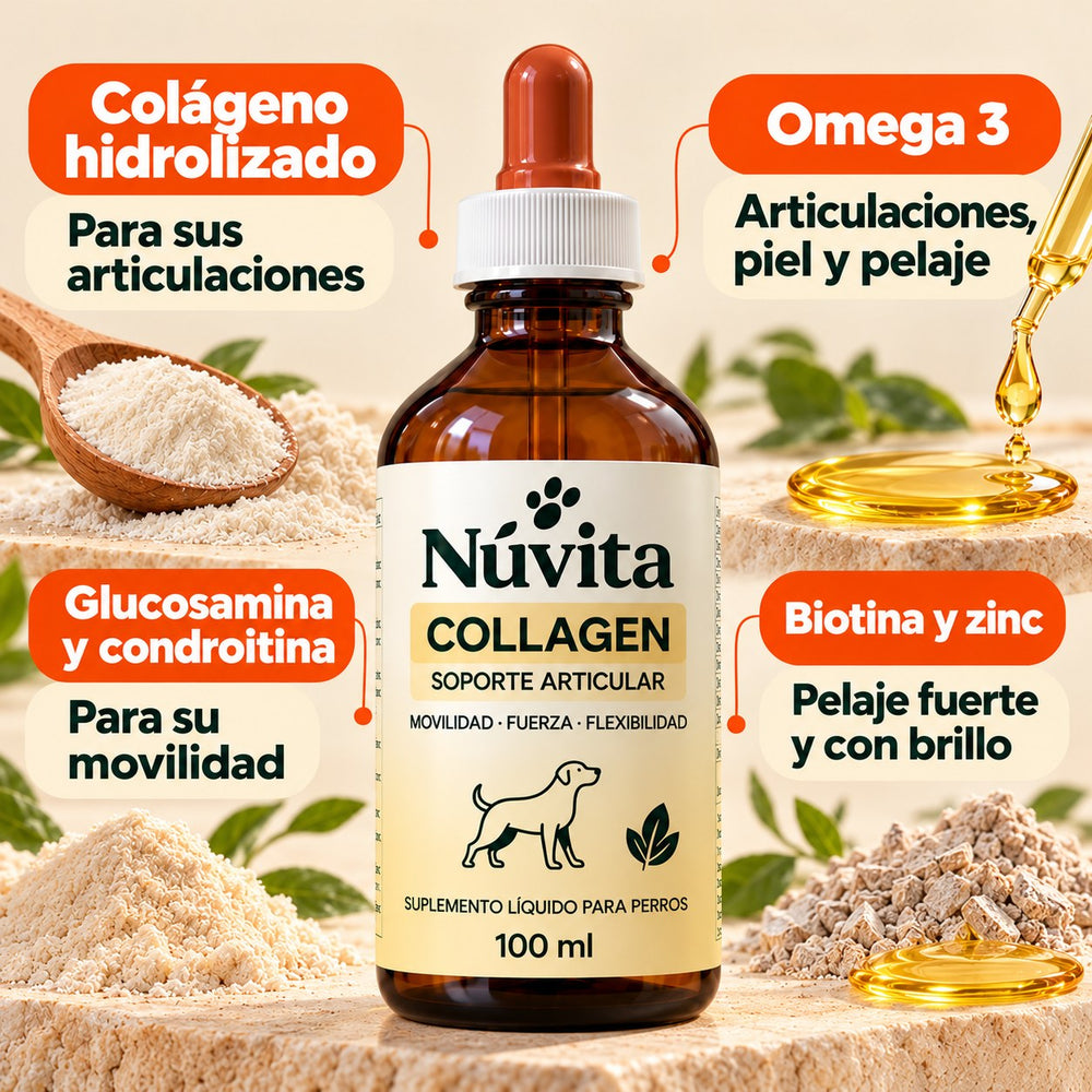 Ingredientes de Núvita Collagen: colágeno hidrolizado, Omega 3, glucosamina, condroitina, biotina y zinc